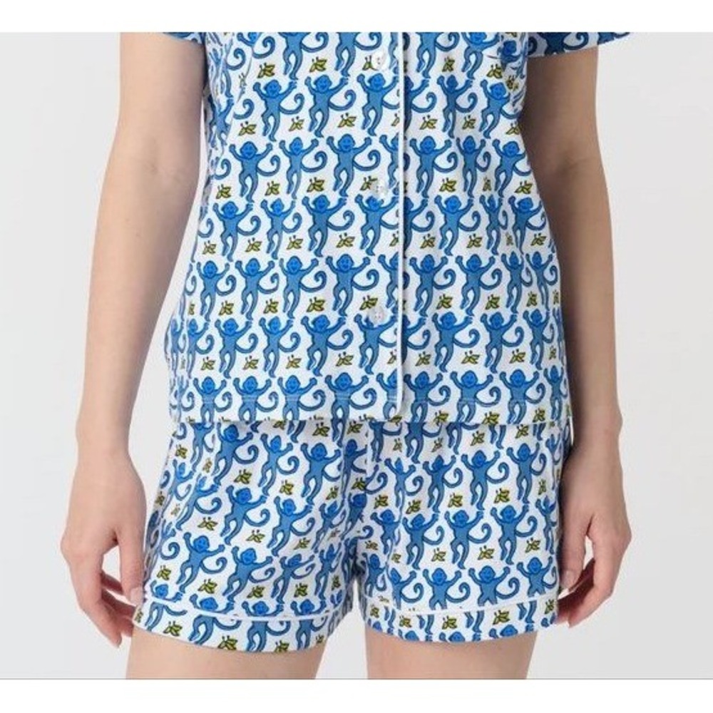 Womens L Blue Monkey Print Pajama Shorts Blue White Lounge Sleepwear